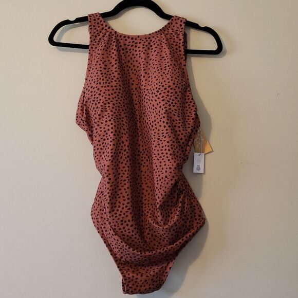 New Kona Sol Spotted Print High Neck Ruched One Piece Swimsuit Woman's 16 - Picture 6 of 10